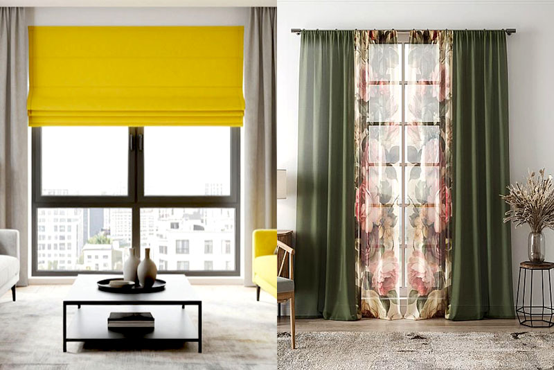 Модные шторы в гостиную в 2026 году – сочетание с яркой римской шторой или вуалью