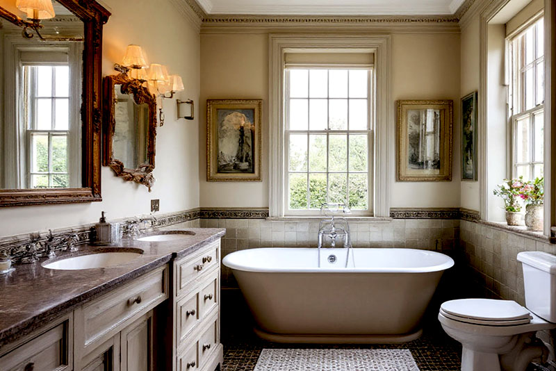 Ванная комната в английском стиле – нередко вешают картины