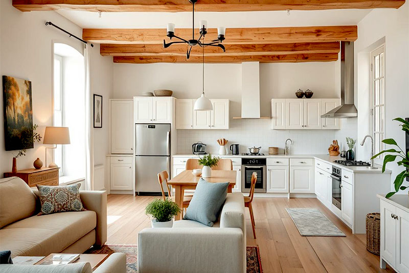 Интерьер кухни-гостиной в стиле прованс – теплые белые оттенки являются основными