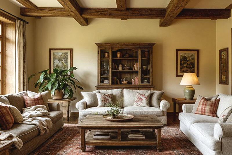 Гостиная в стиле кантри – преобладание мебели из массива дерева или качественная имитация