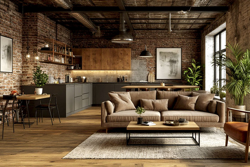 Кухня-гостиная в стиле лофт – с мягкой мебелью можно экспериментировать