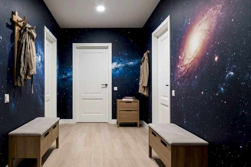 Модные обои в коридор и прихожую в 2026 году – фотообои с космическим сюжетом