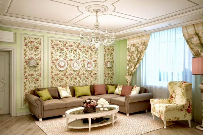 Основная концепция потолка гостиной в стиле прованс – свободное пространство и ощущение воздушности