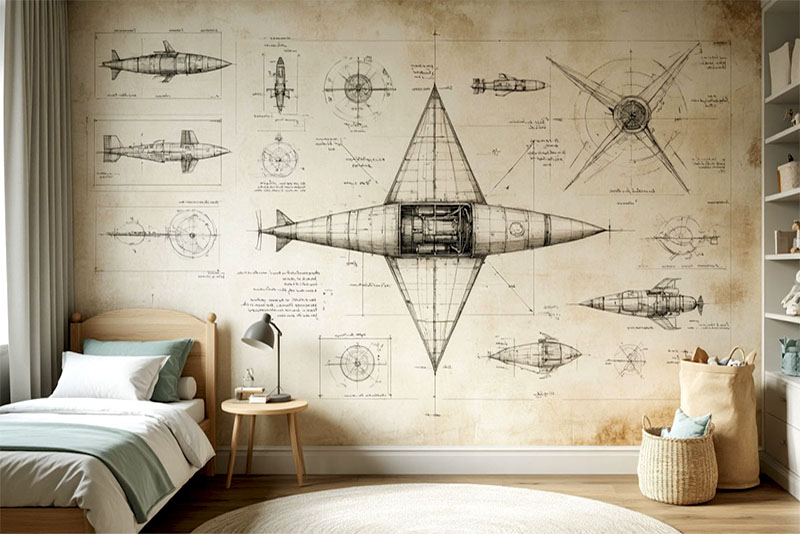 Модные обои в детскую комнату для мальчиков 2026 года - чертежи космических кораблей в духе Да Винчи