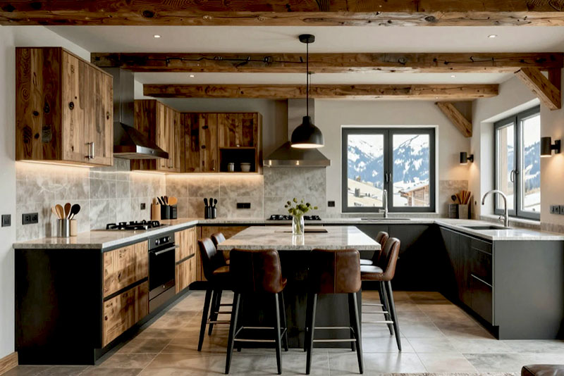 Стиль шале в интерьере кухни – мебельные фасады чаще всего деревянные или под дерево