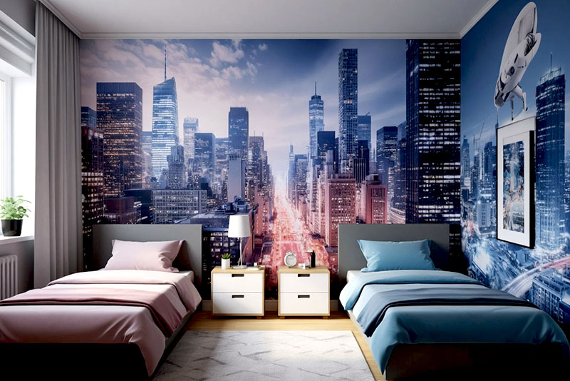 Модные обои в детскую комнату унисекс 2026 года - города будущего