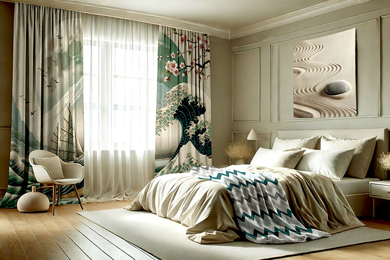 Шторы в спальне с абстрактным принтом