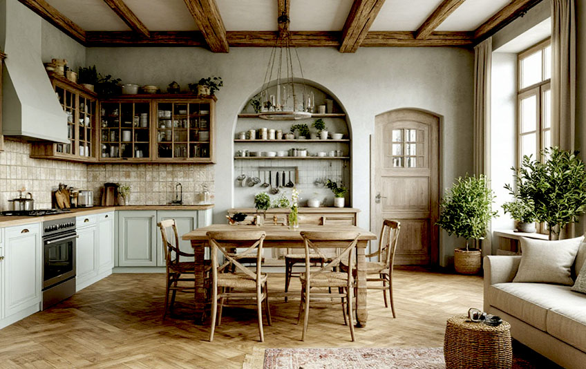 Интерьер кухни-гостиной в стиле прованс – мебель, как правило, из массива дерева