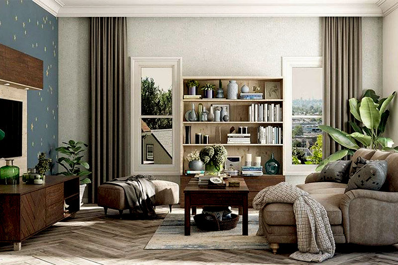 Гостиная в стиле бохо – паркет, уложенный «елочкой»