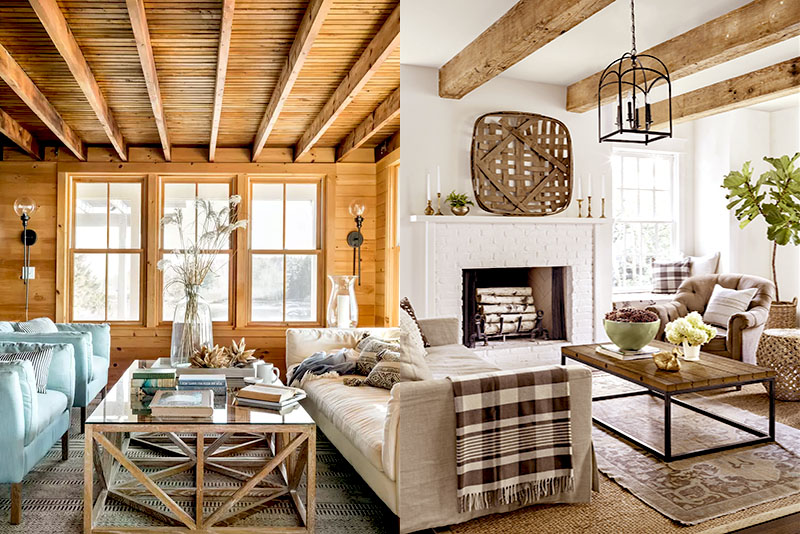 Гостиная в стиле кантри – потолок должен поддерживать ощущение простора и уюта одновременно