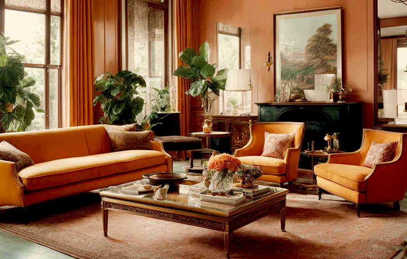 Современный интерьер гостиной 2026 – терракотовая гамма