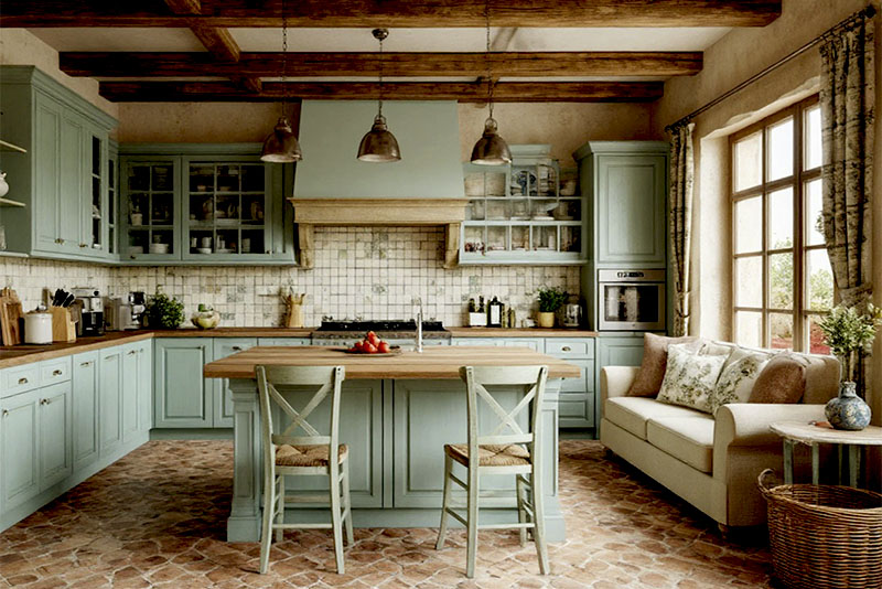 Интерьер кухни-гостиной в стиле прованс – деревянные балки на потолке