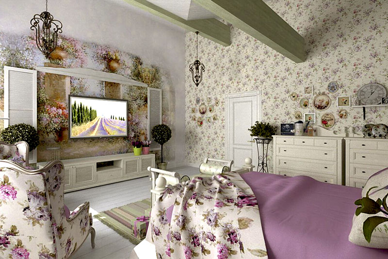 Главное в отделке стен гостиной в стиле прованс – создать светлую, «дышащую» поверхность