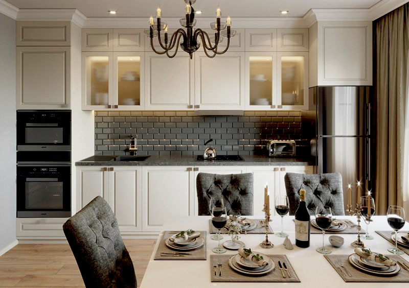 Кухня в неоклассическом стиле – льняные салфетки, скатерти с драпировкой