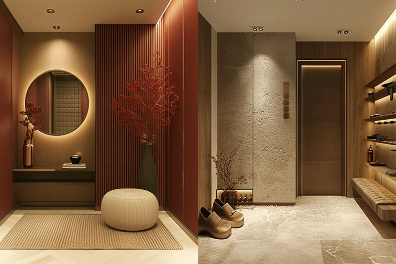 Прихожая и коридор в стиле джапанди – стены работают как спокойный фон