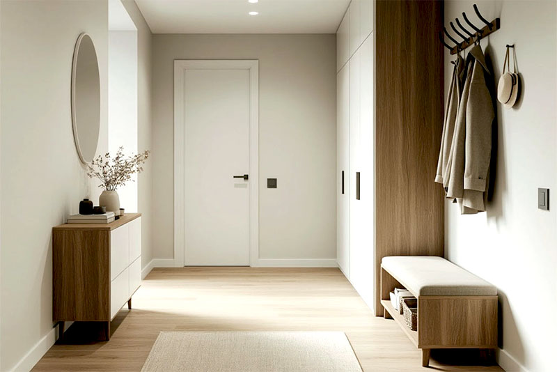 Прихожая и коридор в скандинавском стиле – пол из ламината с текстурой дерева