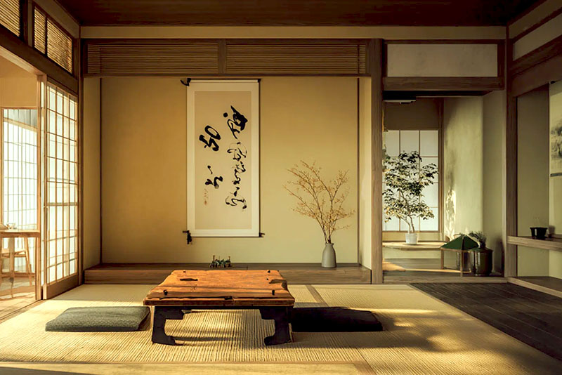 Гостиная в японском стиле – 20-25% отводится дополнительным тонам – всем оттенкам дерева, бамбуку