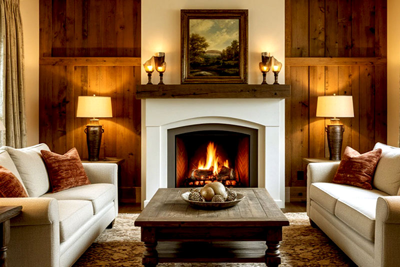 Гостиная в стиле кантри – дополнительные источники освещения делают пространство камерным и «жилым»