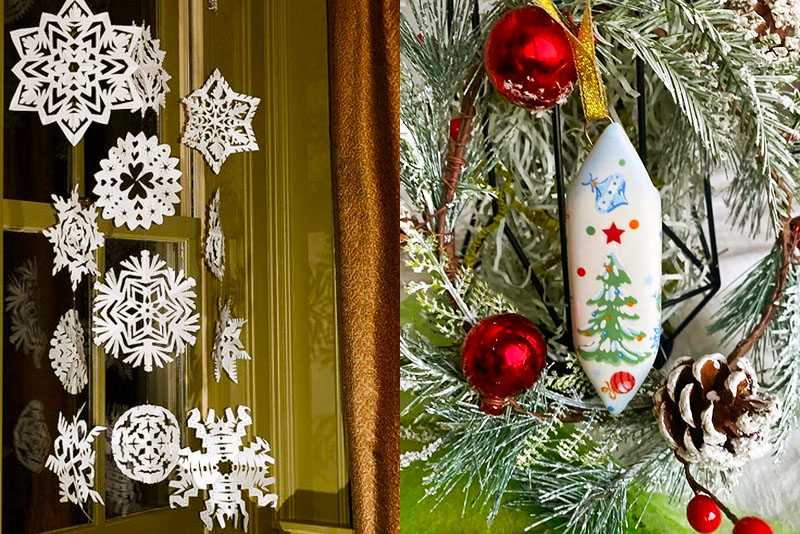 Бумажные снежинки на окнах и конфеты на елке