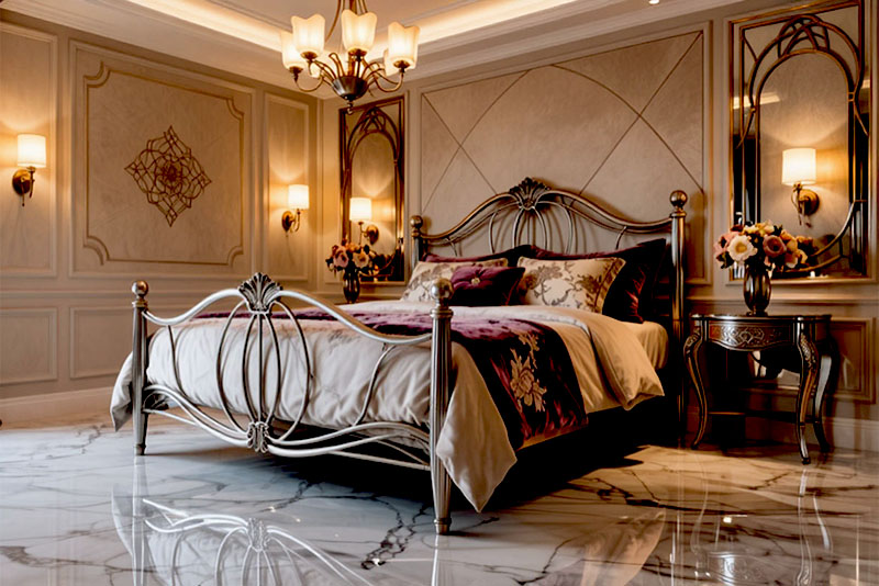 Спальня в стиле модерн – в центре обычно размещают люстру