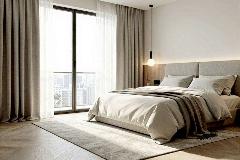 Шторы в спальне в современном стиле 2026 год – эффект пудлинга