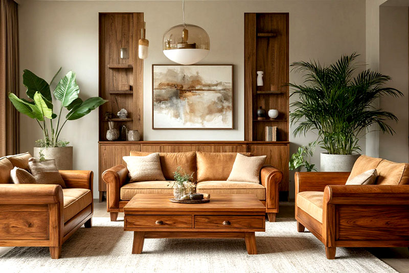Современный интерьер гостиной 2026 – мебель из массива дерева