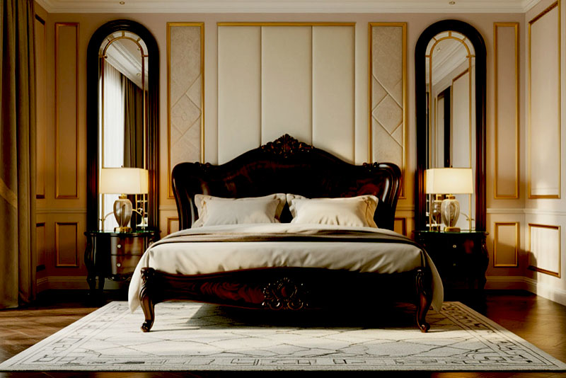 Спальня в стиле модерн – настольные лампы на прикроватных тумбах