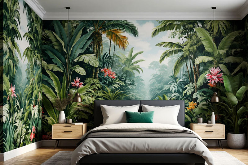 Модные обои в спальню 2025 – крупный тропический принт