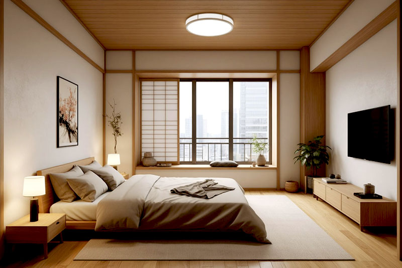 Спальня в японском стиле – потолок из панелей с имитацией древесины