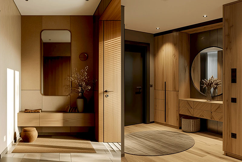 Прихожая и коридор в стиле джапанди – простые зеркала и минимальный декор