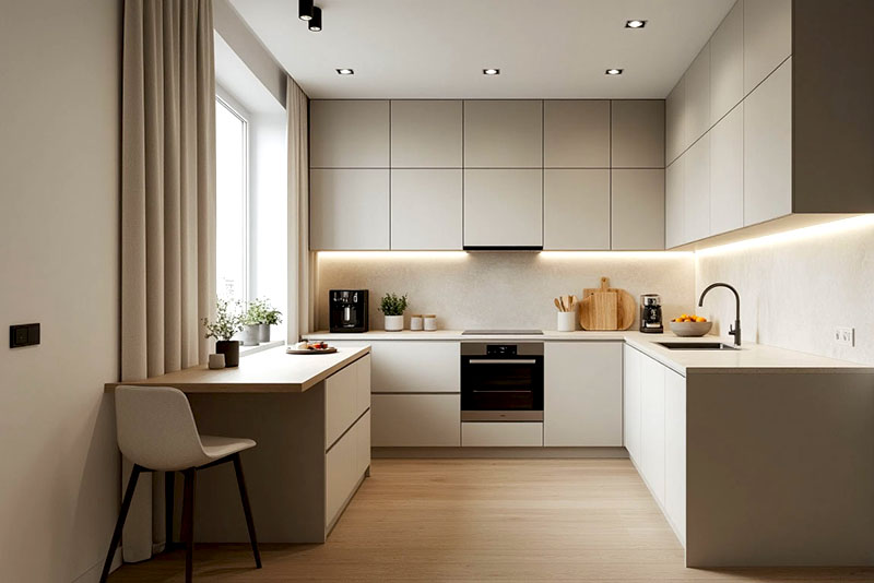 Кухня в стиле минимализм – пол нейтральный