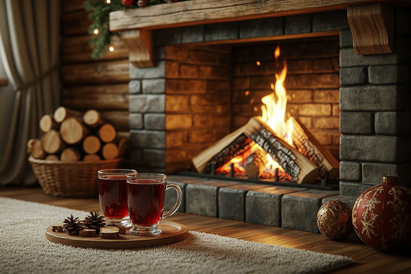 камин с потрескивающими дровами, аромат глинтвейна и мягкий ковер