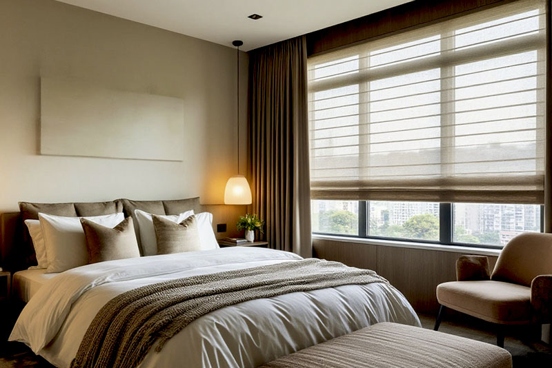 Шторы в спальне в современном стиле 2026 год – рулонные в сочетании с обычными