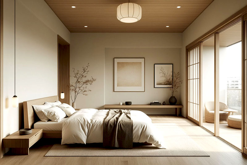 Спальня в японском стиле – молочный, кремовый и слоновая кость – основные оттенки