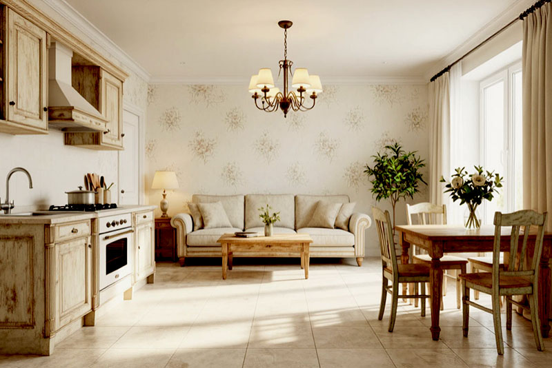 Интерьер кухни-гостиной в стиле прованс – обои с флористикой