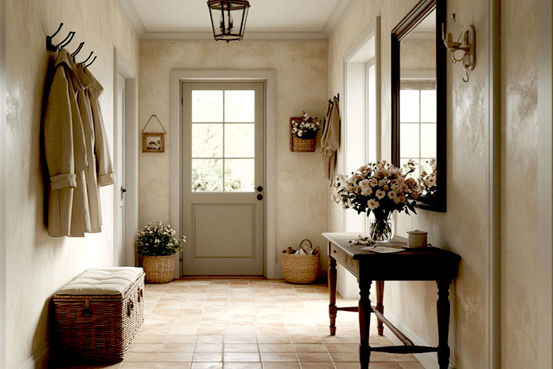 Коридор или прихожая в стиле прованс – плетеные корзинки и сиденья пуфов, украшенные вышивкой, пучки лаванды и других сухоцветов