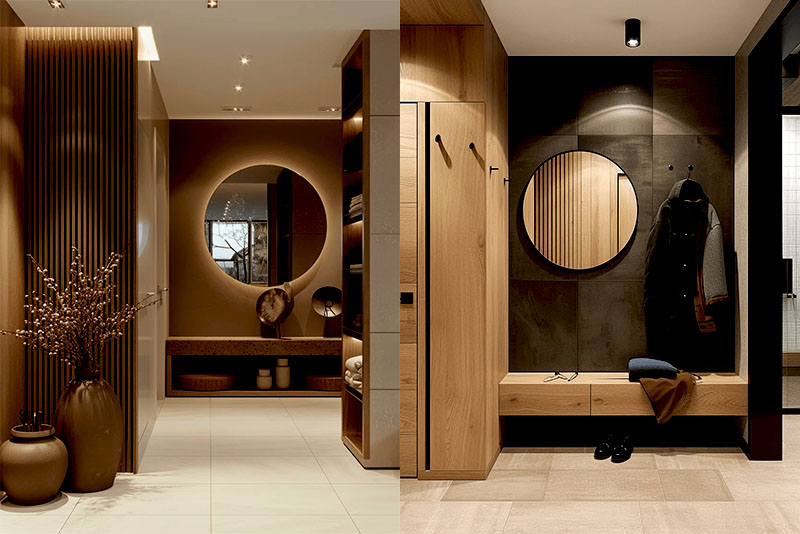 Прихожая и коридор в стиле джапанди – потолочные встроенные или минималистичные накладные светильники