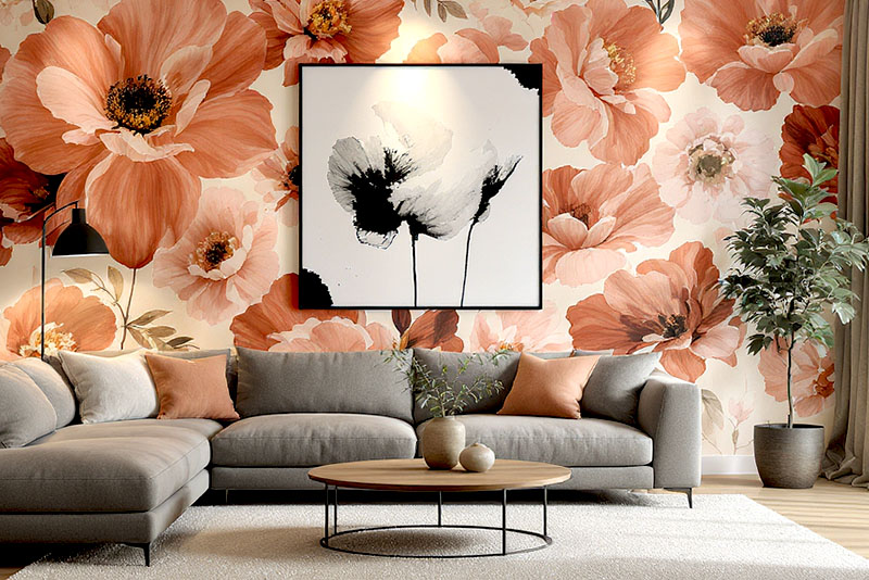 Модные обои для гостиной в 2026 году – крупные цветы