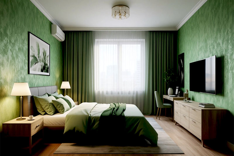Модные обои в спальню 2025 – зеленый цвет ассоциируется с природой, теплом и уютом
