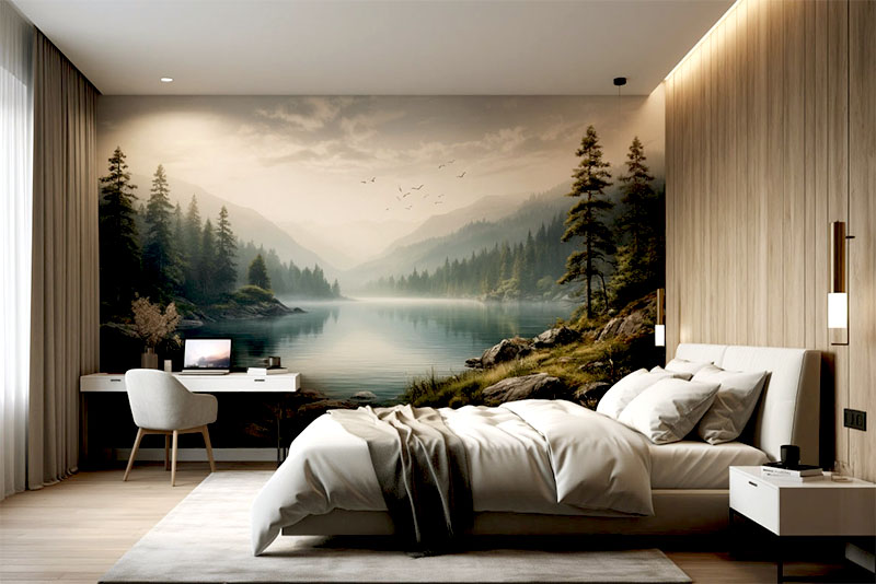 Модные обои в спальню 2025 – фотообои с пейзажем