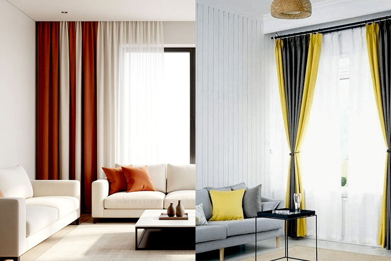 Модные шторы в гостиную в 2026 году – двухцветные вариации