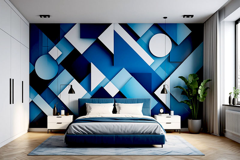 Модные обои в спальню 2025 – геометрия синих оттенков